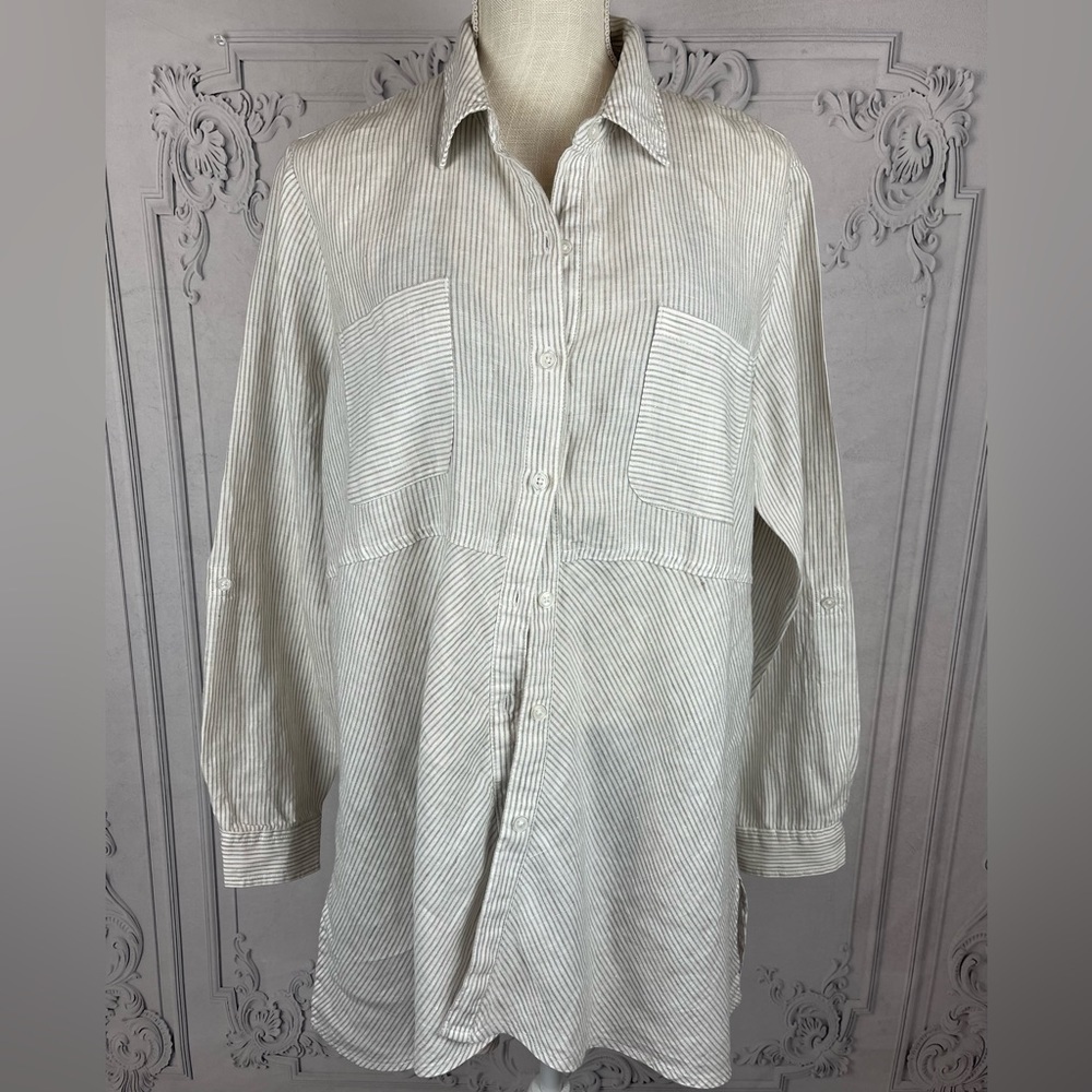 Sports Striped Button-Front Linen Shirt Button Cuff Long Sleeves Top - Picture 5 of 9